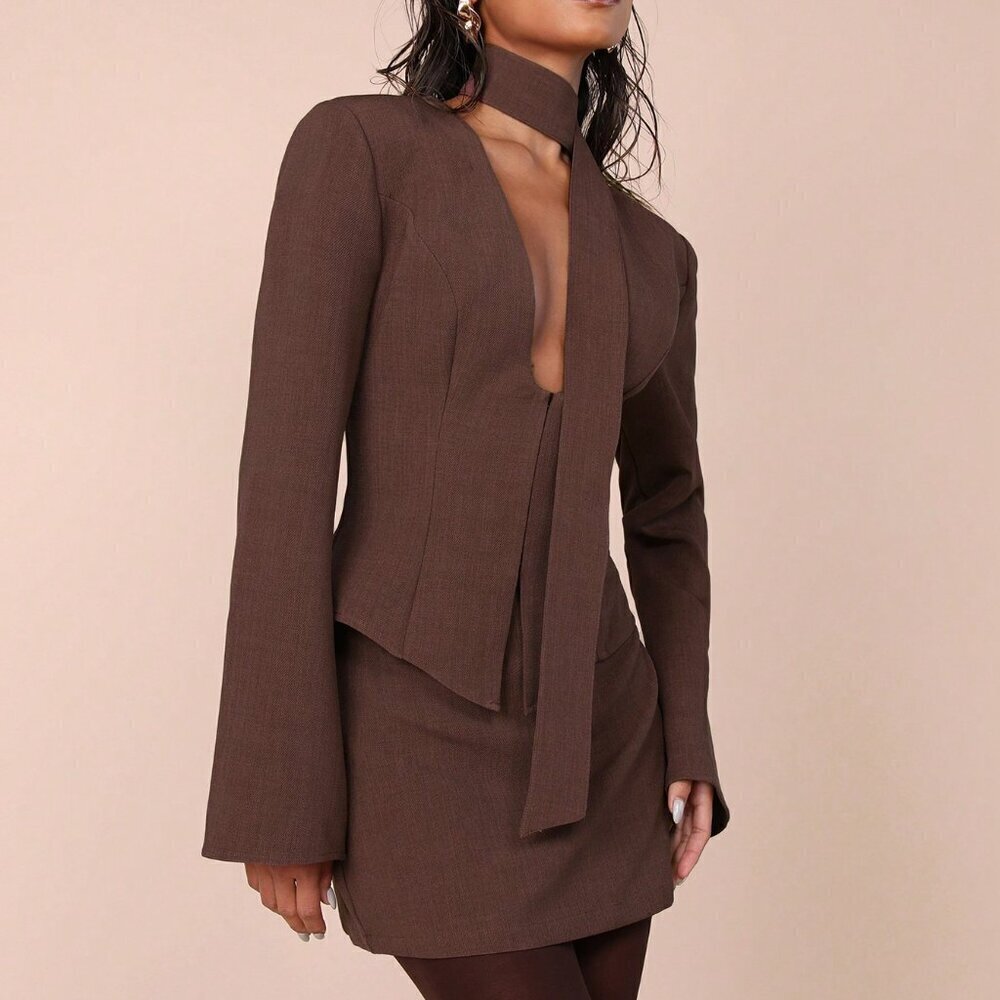 brown Casual Women's Long Sleeve Top And Skirt coord Set - Picture 4 of 8